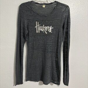 Nebraska Huskers Women’s Long Sleeve Burnout Sheer Tee Gray Silver Kavio! Medium